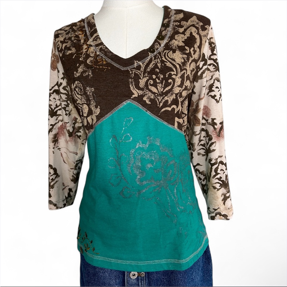 Y2K COLDWATER CREEK Babydoll Patchwork Damask Print Top Indie Sleeze Boho | Sz L